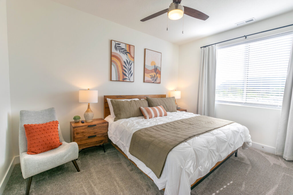 Second bedroom with king bed and modern decor